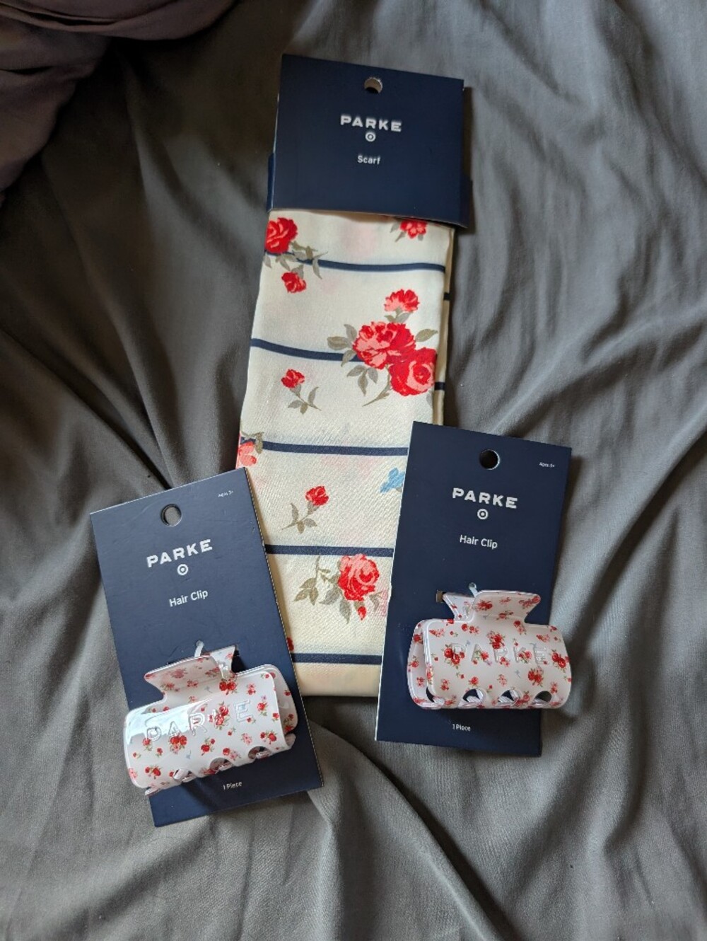 PARKE Floral Hair Clips and Matching Scarf - Cream with Red Roses